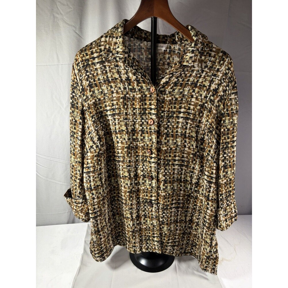 Dressbarn Button Up Top Blouse Shirt Women Size 16.5 Brown Geometric